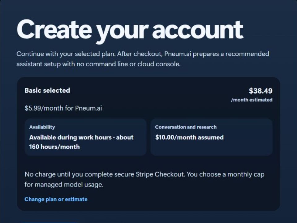 Account creation page confirming the Basic plan and estimated monthly total