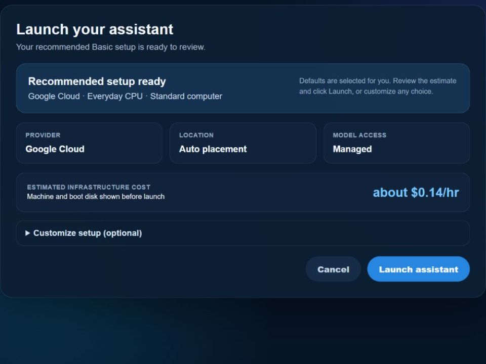 Sanitized launch preview with a recommended cloud setup and infrastructure estimate
